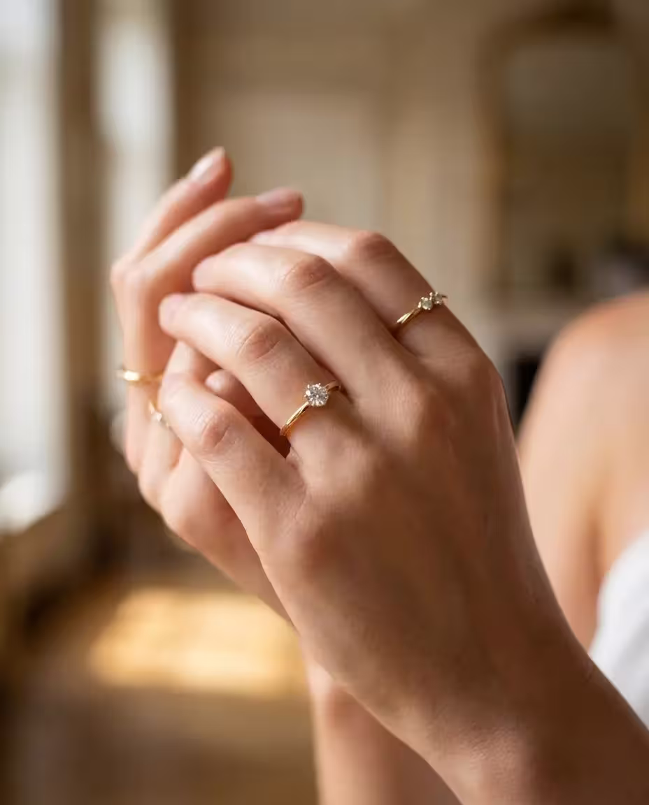 Macro shot of manicured woman's hands with diamond rings, smooth hairless skin