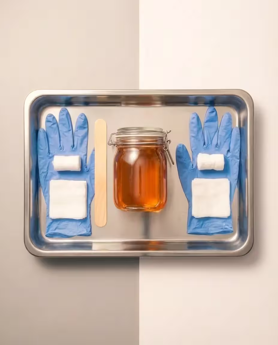 Silver tray with sugaring paste, blue gloves, and cotton pads for shoulder treatment
