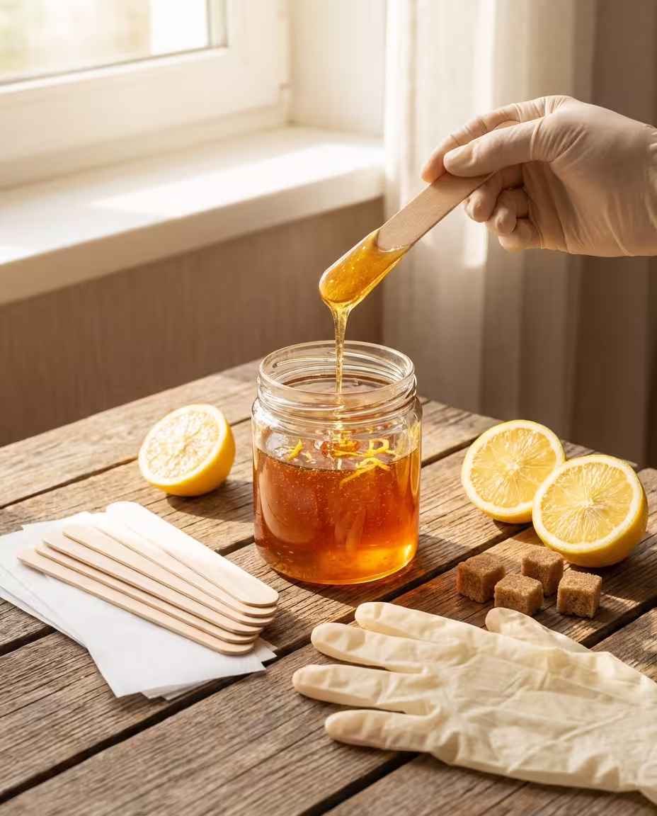 Sugaring Zuckerpaste wird mit Spatel aus dem Glas gehoben, Zitrone und Zuckerwürfel